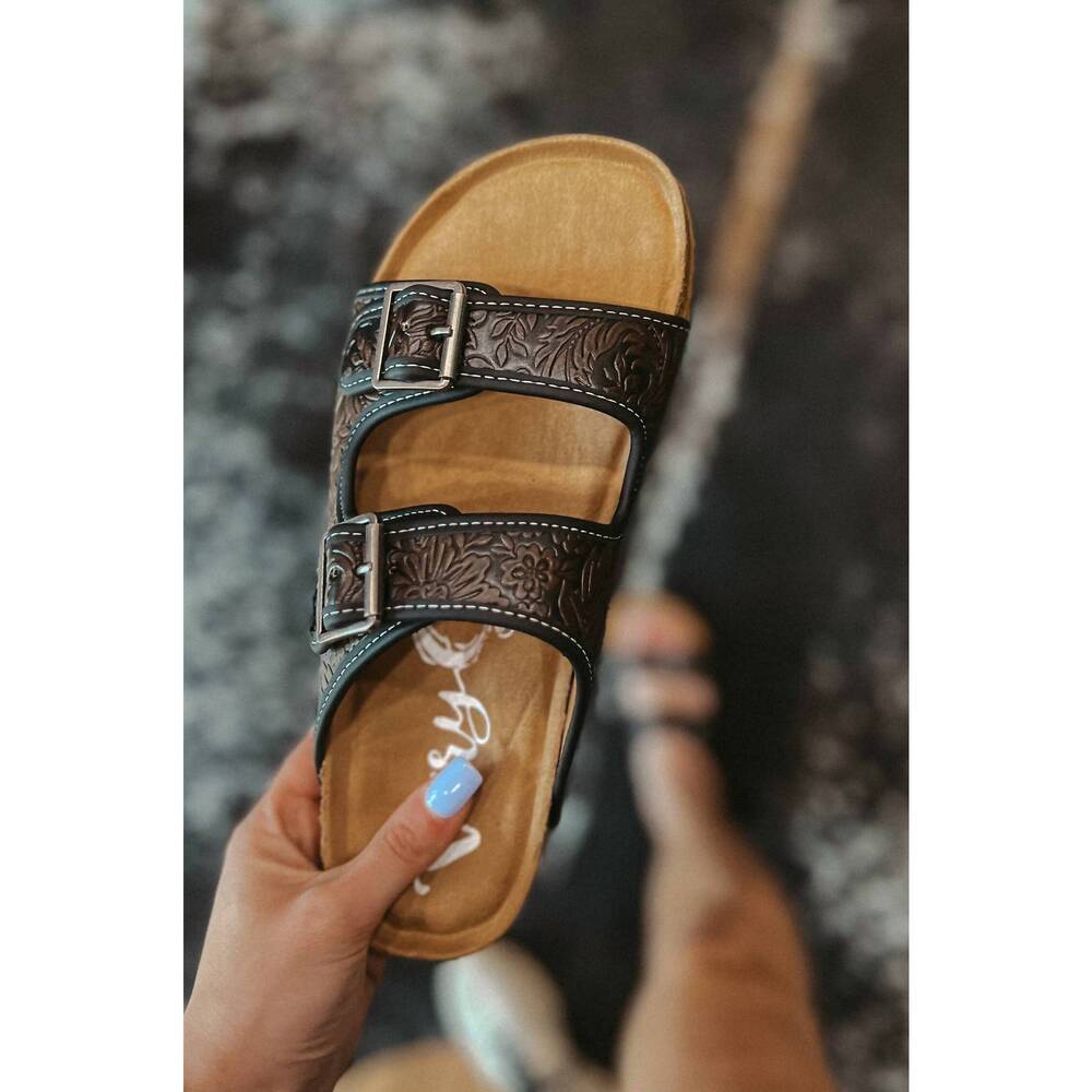 Very G Brown Embossed Double-Buckle Slide Sandals